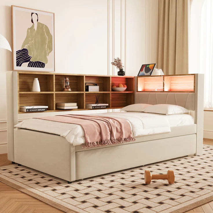 Bett 90x200 cm mit Ausziehbett 90x190 cm, Flanellbezug in Beige, mit Stauraum und LED-Beleuchtung – Bild 2