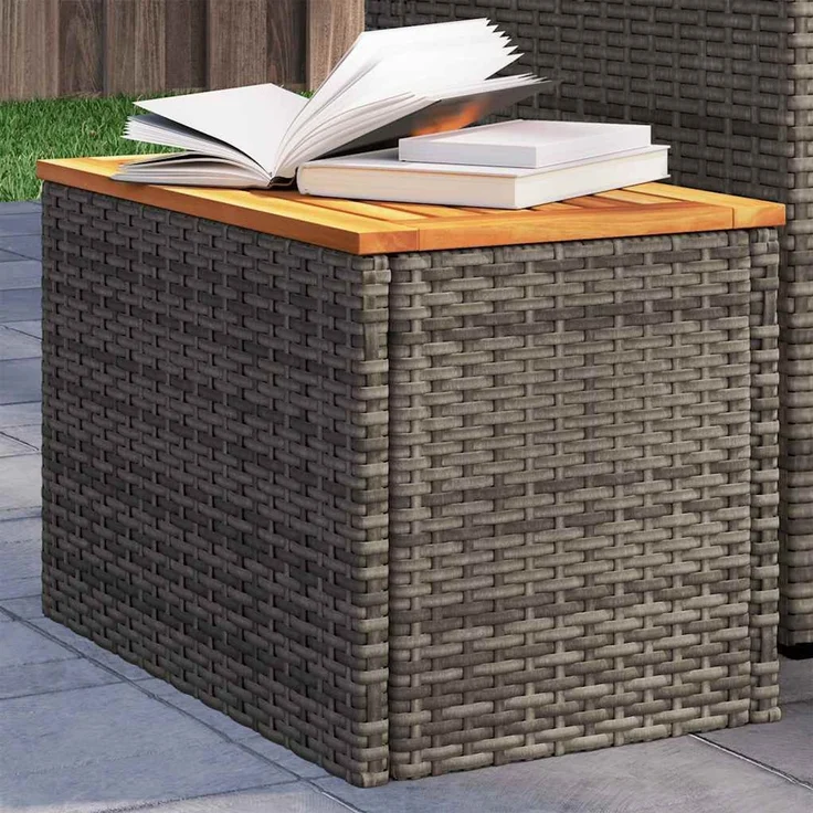2 pcs Gartentische, Beistelltische Grau 55x34x37cm Poly Rattan Holz – Bild 1