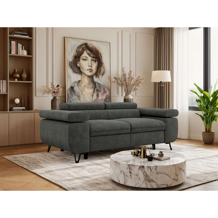 2-Sitzer Polstercouch PETER mit verstellbaren Armlehnen und Kopfstütze, Gepolsterte Couch, Wellenfeder - Dunkelgrau Struktur – Bild 1