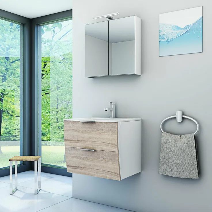 Badmöbel Set Gently 2 V1 Weiß/Eiche MDF Waschtisch 60cm mit 5W LED-Strahler