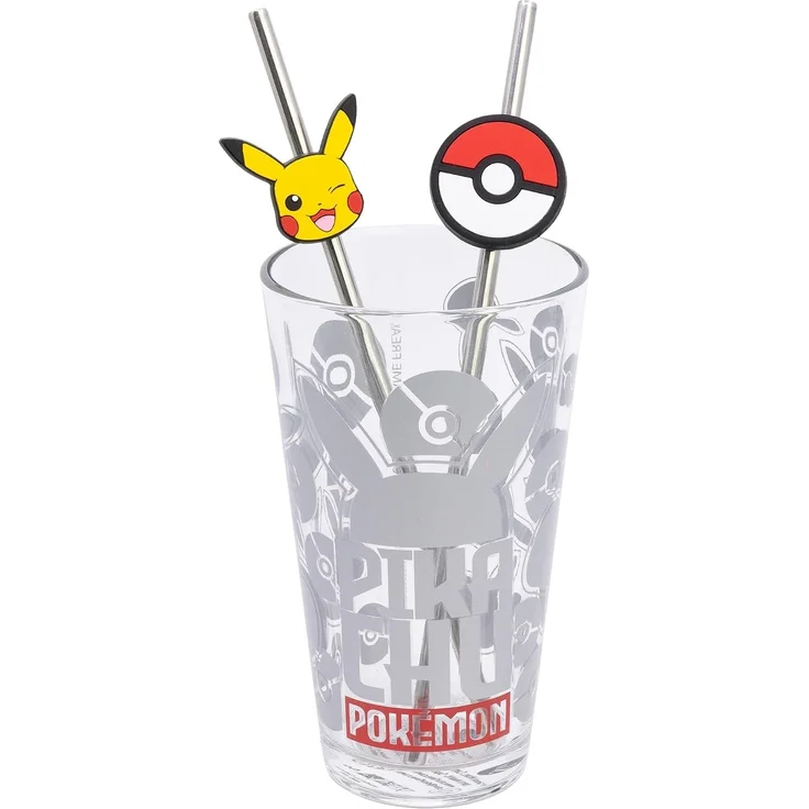 Pokemon Glas 480 ml mit 2 Edelstahl Trinkhalmen – Bild 1
