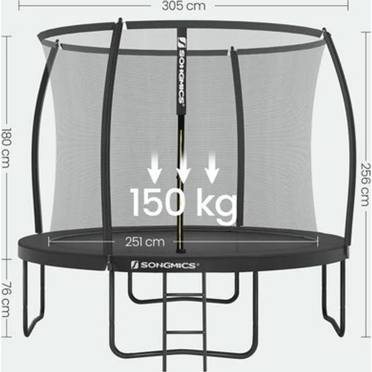 Songmics 'STRDE102B01' Trampolin Ø 305 cm, rundes Gartentrampolin mit Sicherheitsnetz, mit Leiter und gepolsterten Stangen, Sicherheitsabdeckung, sicher, schwarz – Bild 2