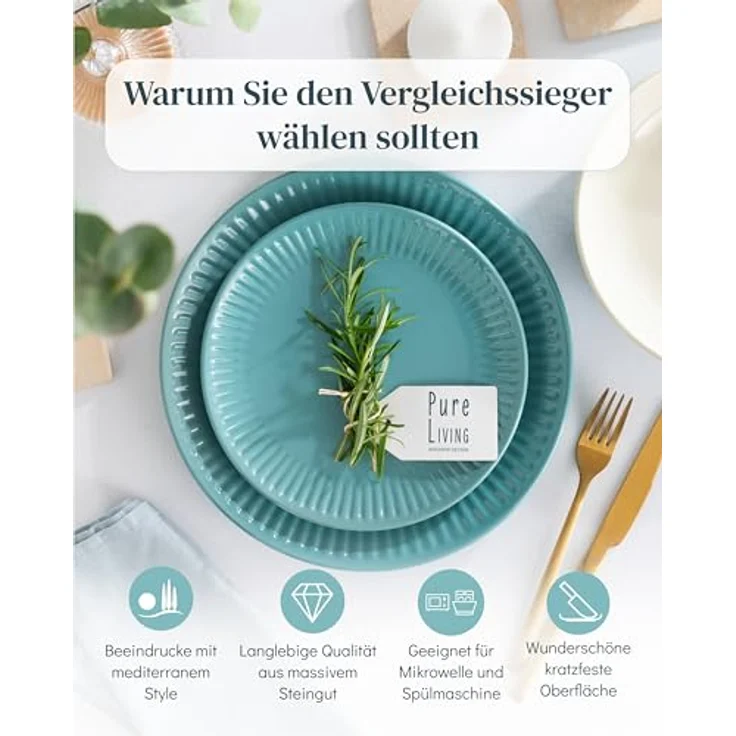 Steingut Geschirrset 12 Personen Hygge 48 tlg. TESTSIEGER, Traumhaftes Skandinavisches Steingut Geschirr Set, Schüssel- und Teller Set, Tafelservice 12 Personen, Geschirrsets Pure Living in Petrol – Bild 3