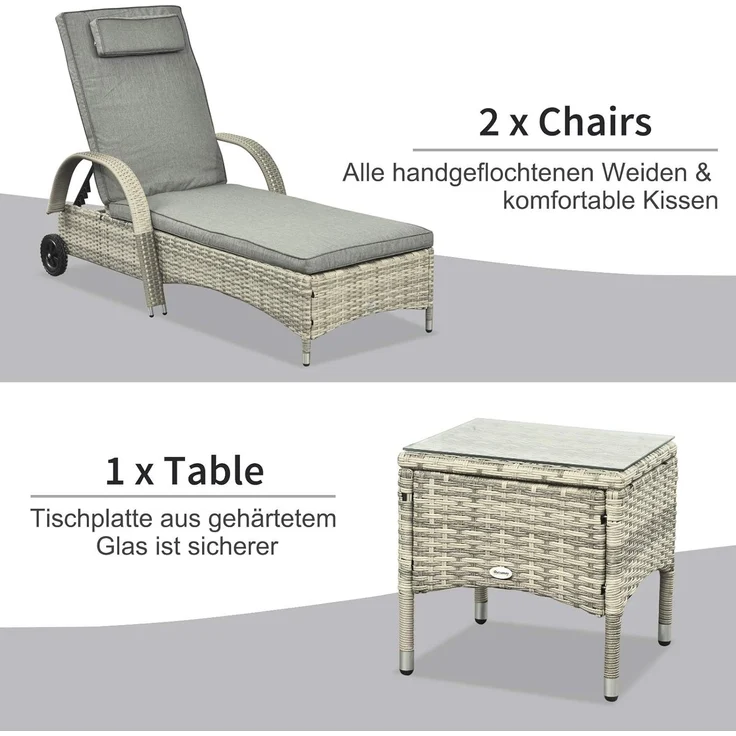 Outsunny Gartenliege Tisch 3er-Set Gartenmöbel, Polyrattan+Metall Grau, Liege, 3 St, Sonnenliege, Modern, Stabil, Praktisch, Witterungsbeständig – Bild 4