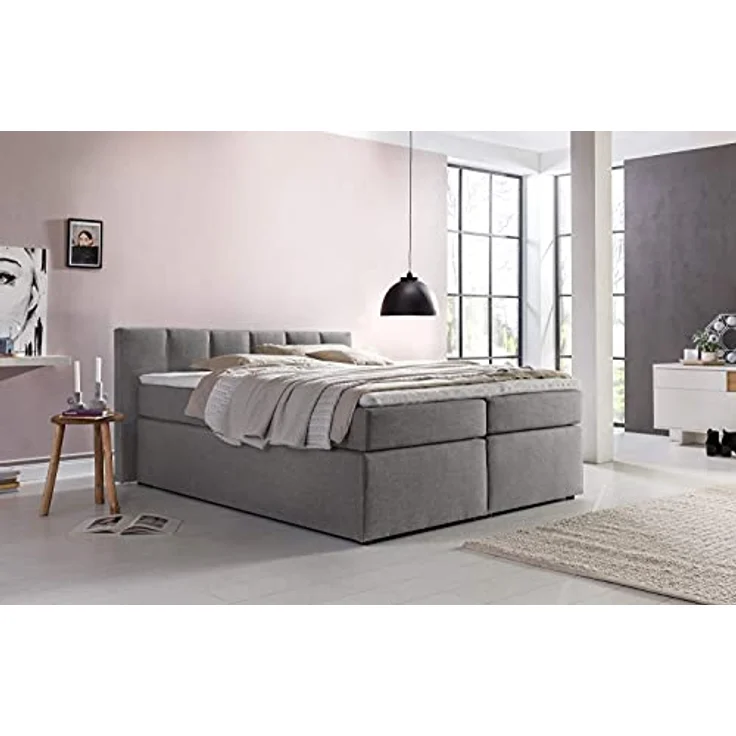 Möbelfreude Boxspringbett Boxspringbett Bea mit niedrigem Kopfteil Hellg.., Hellgrau 160x200 cm H3 7-Zonen-Taschenfederkern Matratze + Visco-Toppe – Bild 3