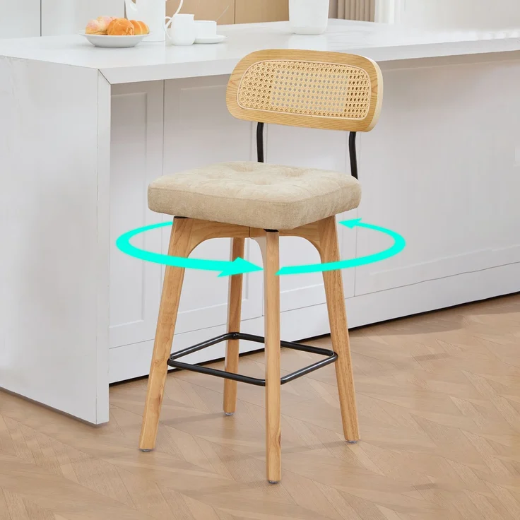 2er-Set um 360° drehbare Barhocker, Küchen- und Frühstücksbarhocker mit Rückenlehne, Rückenlehne aus Rattan mit gepolsterter Sitzfläche, Barhocker im modernen Mid-Century-Stil(Khaki, Chenille)--khaki--51x44x96cm--YOUDENOVA – Bild 1