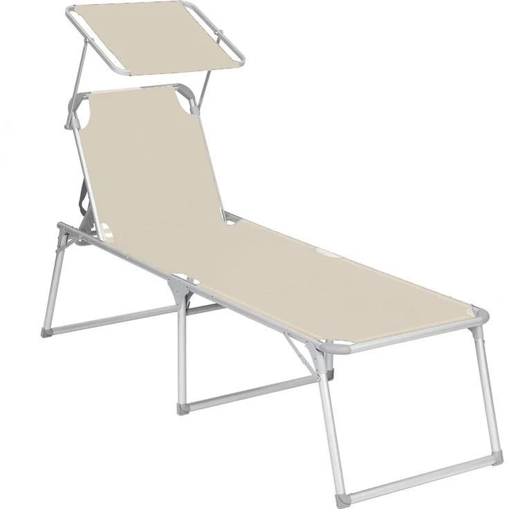 Songmics Sonnenliege mit Dach, Liegestuhl, Gartenliege, Aluminium, groß, 65 x 200 x 48 cm, bis 150 kg belastbar, Rückenlehne verstellbar, klappbar, Garten, Balkon, Terrasse, beige GCB26BE – Bild 1