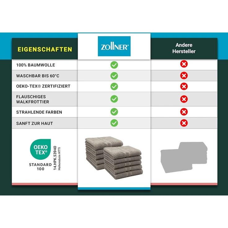 ZOLLNER 10er Set Handtücher, 50x100 cm, 100% Baumwolle, fango – Bild 6