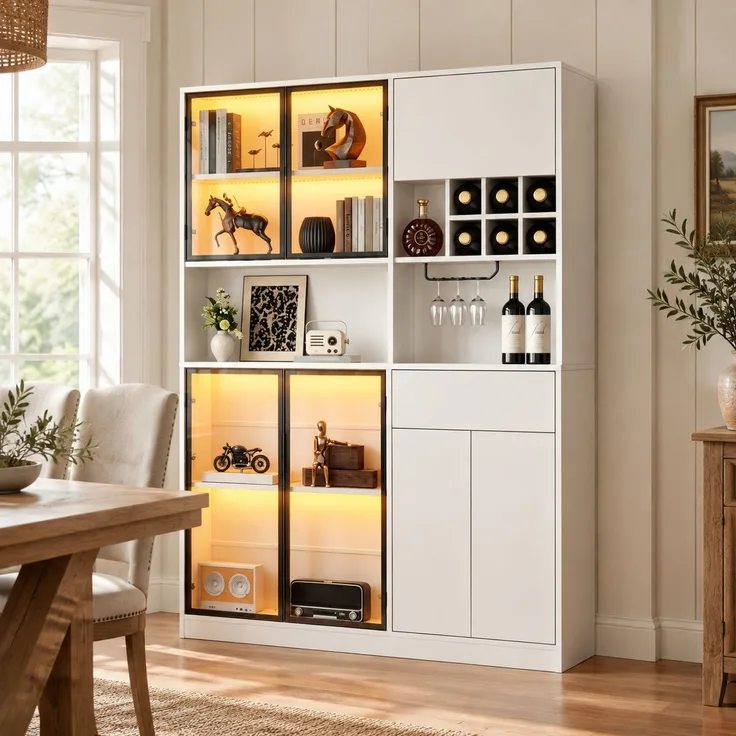 DESVIAE Regal Vitrinenschrank Weiß aus Spanplatte – 140x200x30 cm – LED-Beleuchtung, 7 Türen