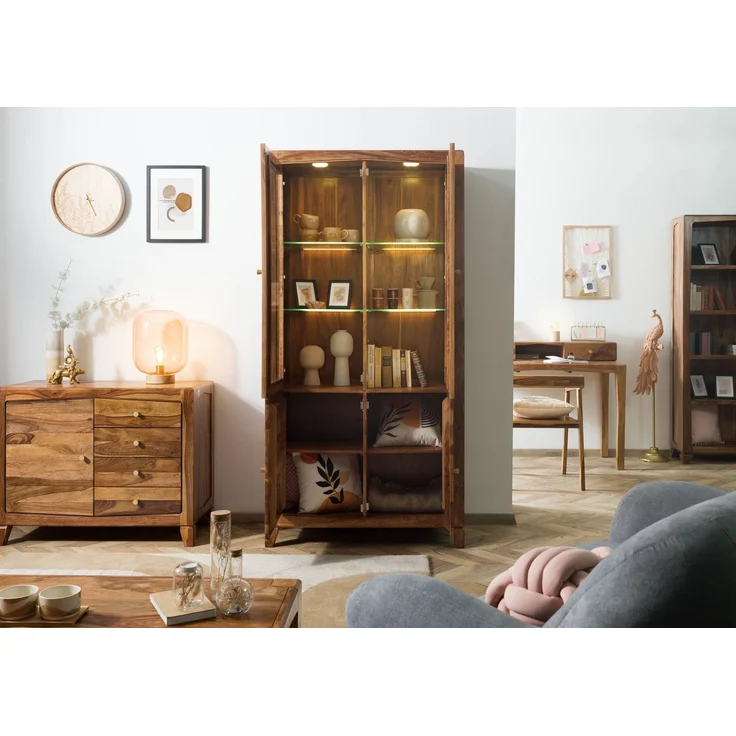 Vitrine Sheesham 100x45x200 braun lackiert ANCONA #135 – Bild 3