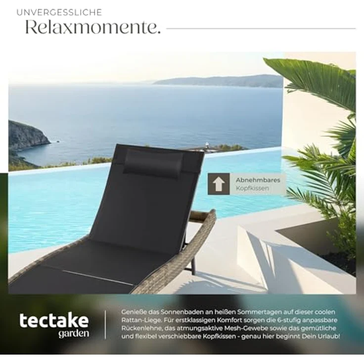 tectake® Sonnenliege, 6-Fach verstellbare Rückenlehne, Gartenliege wetterfest, Poolliege mit Kopfkissen, Outdoor Liege, UV-beständig, Strandliege für Garten, Terrasse und Balkon - Natur – Bild 5