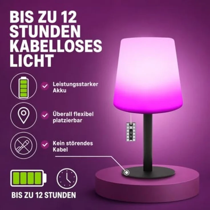 AddLiving LED Tischleuchte LED Tischlampe Table Light RGB dimmbar mit Zugschalter IP44, RGB-Farbwechsel, 12h Leuchtdauer, Zugschalter, 12 LEDs, IP44 – Bild 6