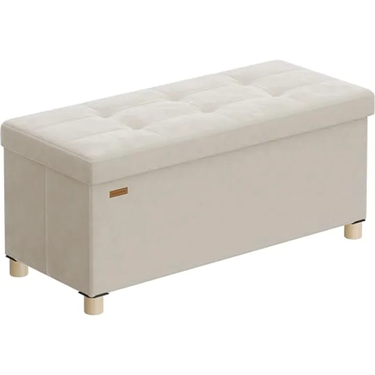 SONGMICS Sitzbank mit Stauraum, Hocker faltbar, 38 x 76 x 38,5 cm, Aufbewahrungsbox mit Deckel, Fußhocker 77 L, Samt, bis 300 kg belastbar, Flur Wohnzimmer Schlafzimmer, cappuccinobeige LSF0517W02