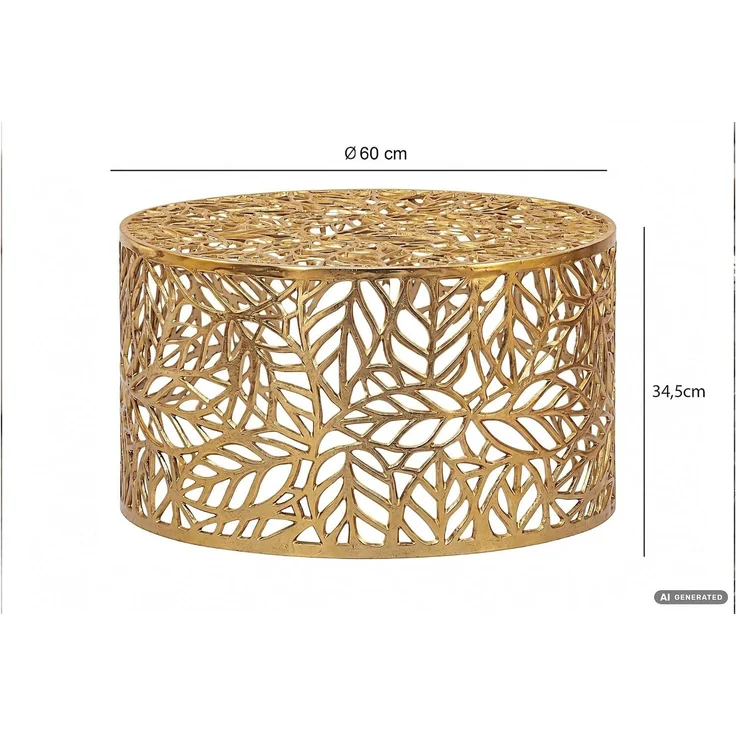 Couchtisch Aluminium Gold 60cm Rund Sofatisch Metall - Wohnzimmertisch Alu modern mit Blattmuster - Design Tisch niedrig - Loungetisch Beistelltisch Handgefertigt – Bild 3
