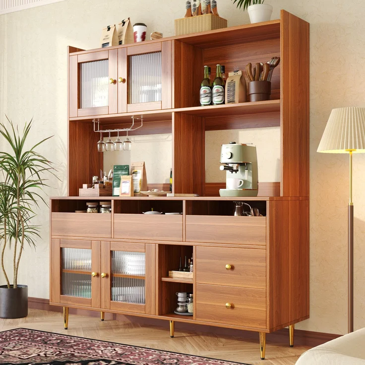 Restaurant-Hochschrank (145 x 39 x 171 cm), modernes und schlichtes Design, mit Changhong-Glastür, Weinglasregal, mehrschichtigem Stauraum, Holzstruktur und Golddekoration, geeignet für Restaurants--Walnussbraun--145x39x171cm--YOUDENOVA – Bild 3