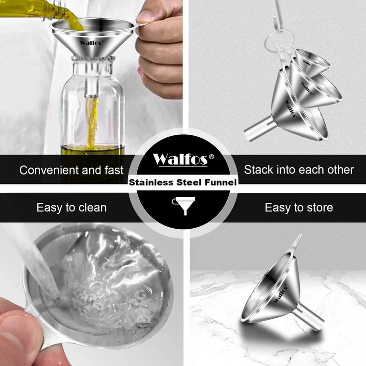Walfos® Edelstahl Trichter 3 Stück Mini Trichter Küche Flüssigkeit Umfüllen – Bild 5