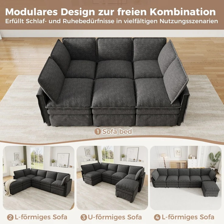 ZUBALIYA Wohnlandschaft 127x91 cm, mit Chenille - Bezug, mit Samtbezug, mit breiten Armlehnen, modular aufgebaut, Beige – Bild 10