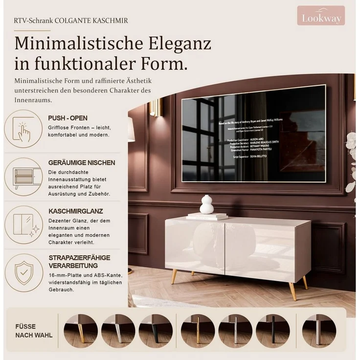 Lookway TV-Schrank COLGANTE 100 Kaschmir Hochglanz mit Metallbeinen 100x40x49 cm – Bild 4
