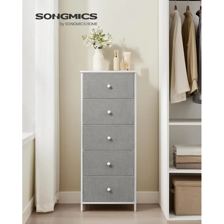 Songmics Kommode, Aufbewahrungsschrank mit 5 Stoff-Schubladen, Metallrahmen, hoch und schmal, taubengrau-cremeweiß LTSDE315G01 – Bild 4