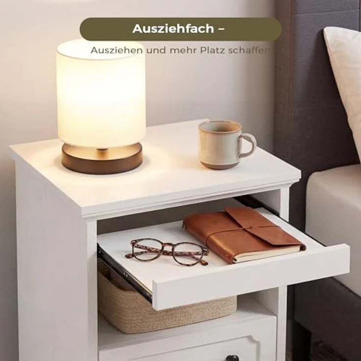 IRONCK Nachttisch 2er Set, Moderne Nachtkonsole mit 2 Schubladen, Offenem Fach, Beistelltisch mit Herausziehbarer Ablage, Holz-Nachttisch für Schlafzimmer, Wohnzimmer, Weiß – Bild 4