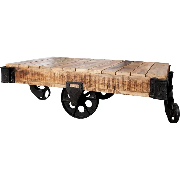 riess-ambiente Couchtisch RAILWAY 120cm natur / schwarz, Wohnzimmer · Massivholz · Metall · auf Rädern · Industrial