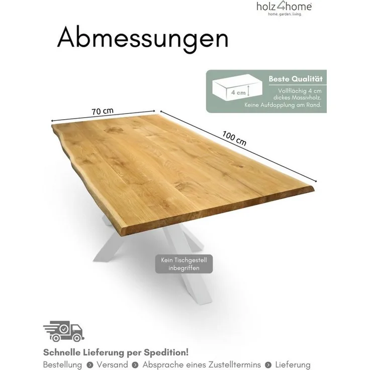 holz4home® Esstischplatte Massivholz Eiche mit Baumkante I Massivholzplatte Natur Geölt Echtholz, Vollflächig 4cm dickes Massivholz
