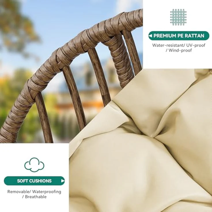 YITAHOME Rattan Hängesessel 150kg, mit Kissen & Getränkehalter, Beige – Bild 6