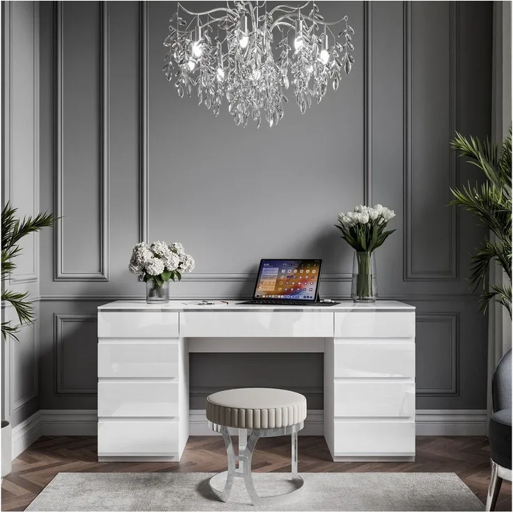 Lookway AURORA DOUBLE SILVER, Schreibtisch mit Schubladen, 157cm, Weiß Hochglanz mit silbernen Akzenten