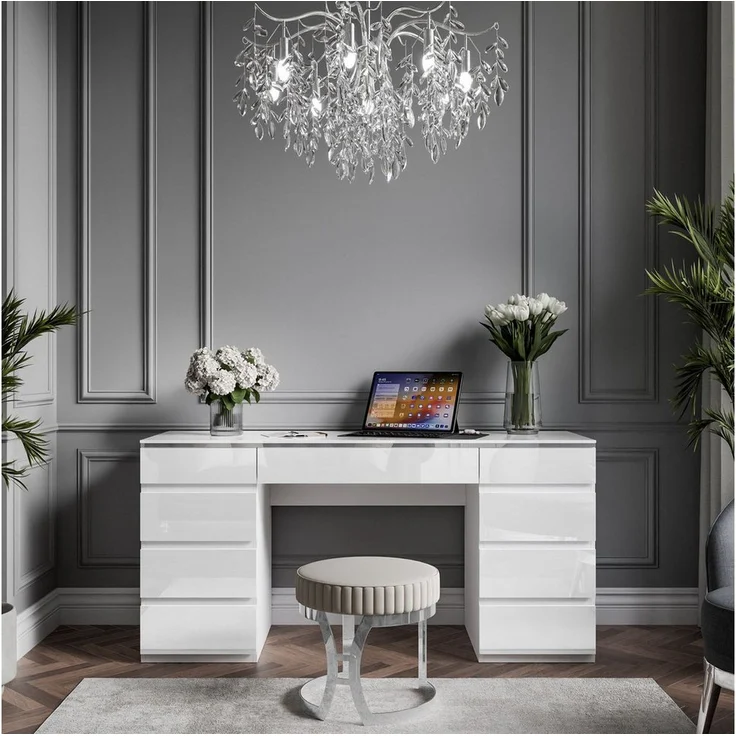 Lookway AURORA DOUBLE SILVER, Schreibtisch mit Schubladen, 157cm, Weiß Hochglanz mit silbernen Akzenten