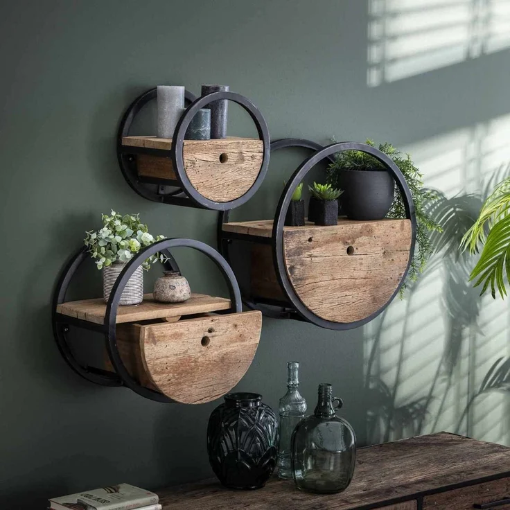 Wandregal Ronde Hartholz massiv, rundes Design mit Schublade, Natur, Ø 40 cm, nachhaltig – Bild 5