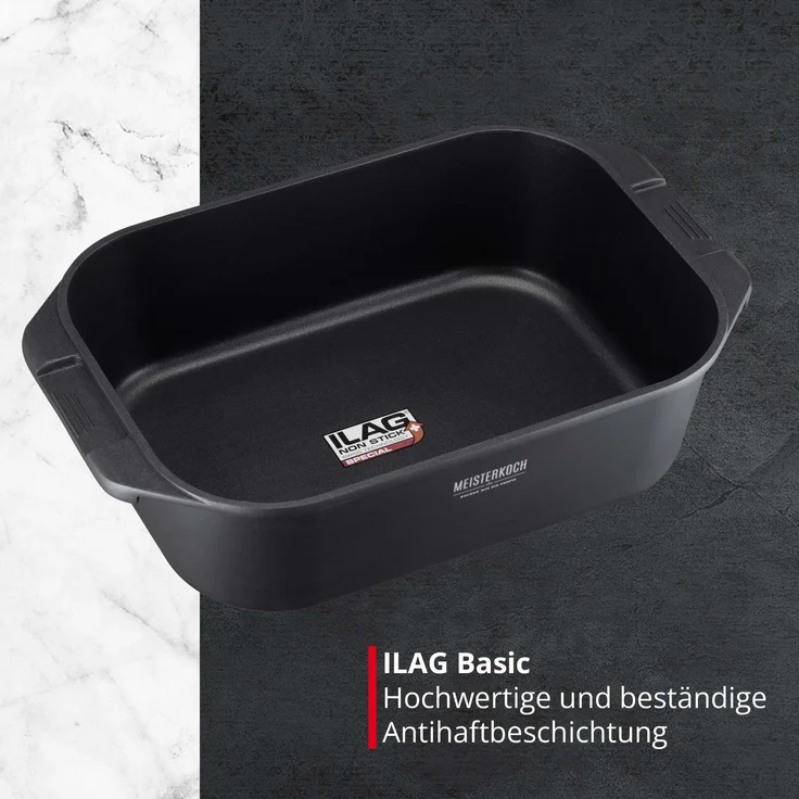 MEISTERKOCH Profi-Bräter 7,5 l mit Glasdeckel, eckig, schwarzer Alu-Guss, Induktion-geeignet mit Dämpfeinsatz, backofengeeignet bis 300°C, spülmaschinengeeignet, Bratenthermometer – Bild 2