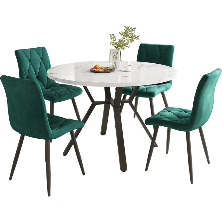 Merax Esstisch- und Stuhlset (5-teilig), modernes, schlichtes rundes Esstisch- und Stuhlset in Marmor-Optik, Tischbeine aus schwarzem Metall + 4 ergonomische Stühle aus grünem Wildleder – Bild 2
