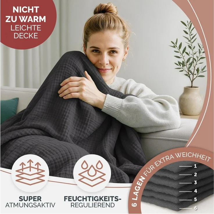 Blumtal Tagesdecke Baumwolle 200x230 cm - Musselin Decke Oeko-TEX zert. - Bettüberwurf 200x230 - Couch Überwurf - leichte Kuscheldecke Baumwolle 100% - Decke Wohnzimmer Sofa - Bedspread Anthrazit – Bild 4