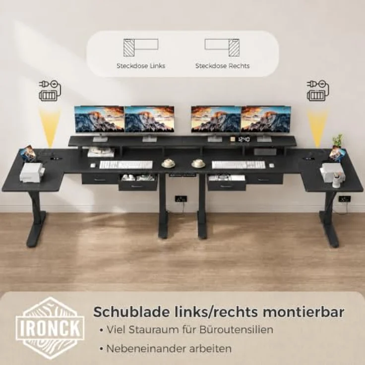 IRONCK Höhenverstellbarer Schreibtisch L Form, Elektrischer Eckschreibtisch | Computertisch 150x90cm mit Steckdose USB-C Anschlüsse, Homeoffice Tisch mit Schubladen Monitorständer 3 Speicherhöhen Schwarz – Bild 5