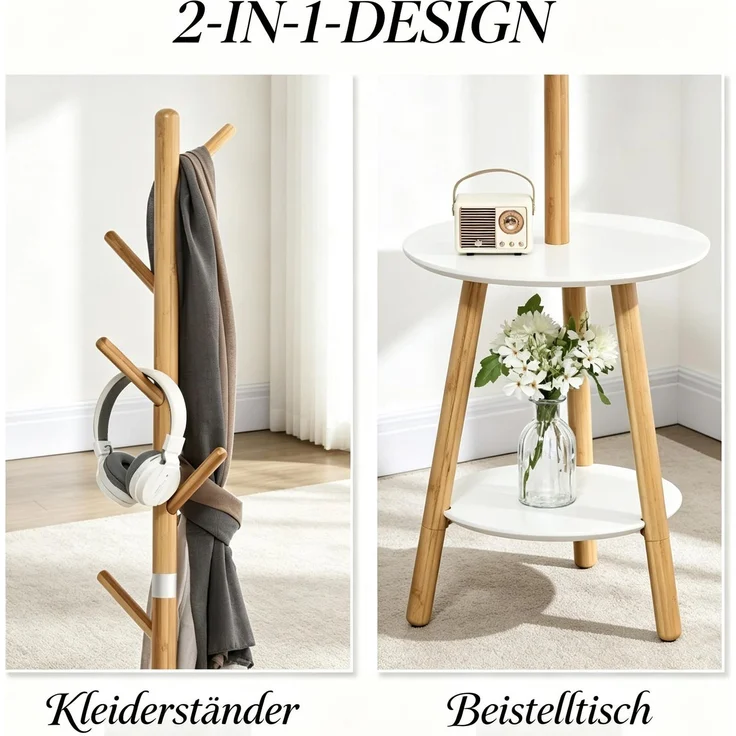 Garderobenständer 39,5x39,5x171 cm mit 5 Haken und runden Ablagen, Bambus/Weiß – Bild 8