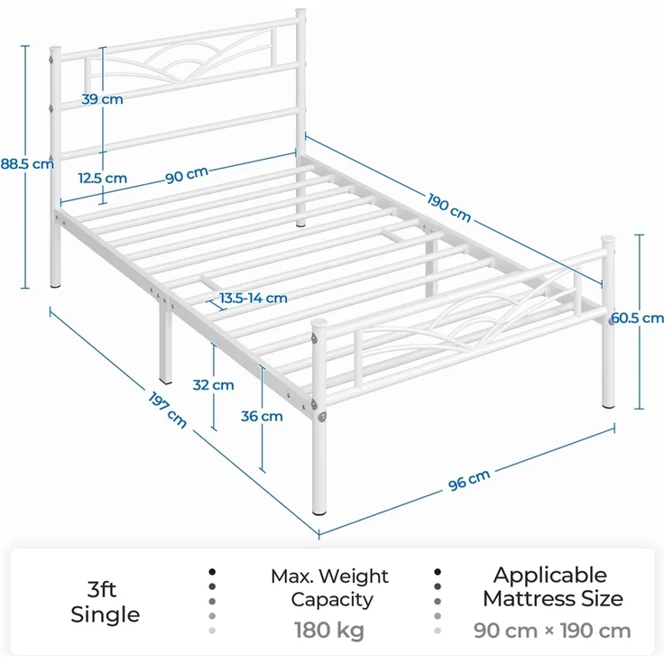 Yaheetech Metallbett mit Lattenrost, Wolkenmuster, Weiß, 90x190 cm – Bild 4