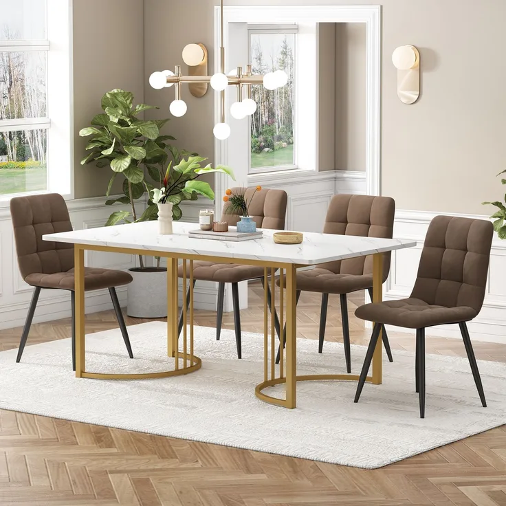Essgruppe (5-tlg),Esstisch mit 4 Stühlen Set, Moderner Küchentisch Set , 140×80cm Küchentisch mit Golden Metallbeinen, MDF Tischplatte in Weißer,Braun Samt Esszimmerstühle--Weiß--96x69x18.5cm--YOUDENOVA