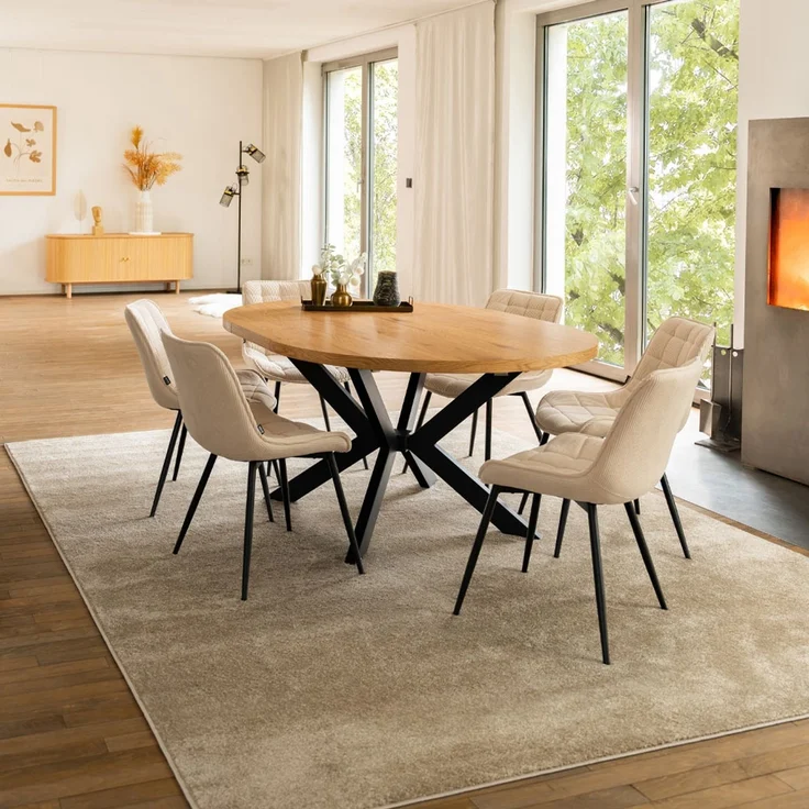 HOME DELUXE Essgruppe Rund Ausziehbar AVENTURA inkl. Sternfuß - 120-160 x 120 cm Light Oak 6 Stühle Creme – Bild 1