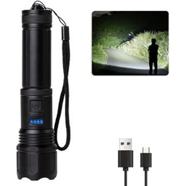 LQWELL LED Taschenlampe LED USB C Aufladbar, Extrem Helle Zoombares Taktische Taschenlampen (1-St, mit 5 Lichtmodi Einstellbare Helligkeit, Wasserdichte Flashlight), für Camping, Wandern, Outdoor, Notfäll – Bild 6