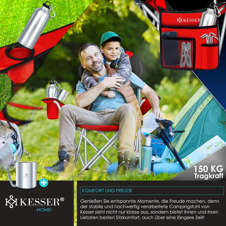 KESSER® Campingstuhl faltbar bis 150 kg Angelstuhl Faltstuhl Klappstuhl Gepolstert mit Armlehnen, Getränkehalter + Tasche mit hoher Rückenlehne, Strandstuhl, Klapphocker Rot / Schwarz – Bild 6