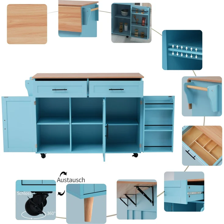 129x46(71)x91,5 cm großer Speisewagen/Sideboard, Arbeitsplatte mit Massivholzmaserung + blauer Schrank/faltbare Arbeitsplatte/Aufbewahrungstür-Design/Räder/Massivholzfüße umschaltbar/für Zuhause geeig – Bild 8
