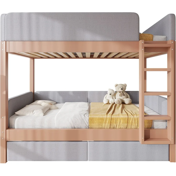 Merax Etagenbett, 90x200cm Kinderbett, Weiche Antikollisions-Schwammkante, Vierstufige gerade Treppe, Mit zwei Schubladen, Stabile Lattenroste, Grau+Natur – Bild 10