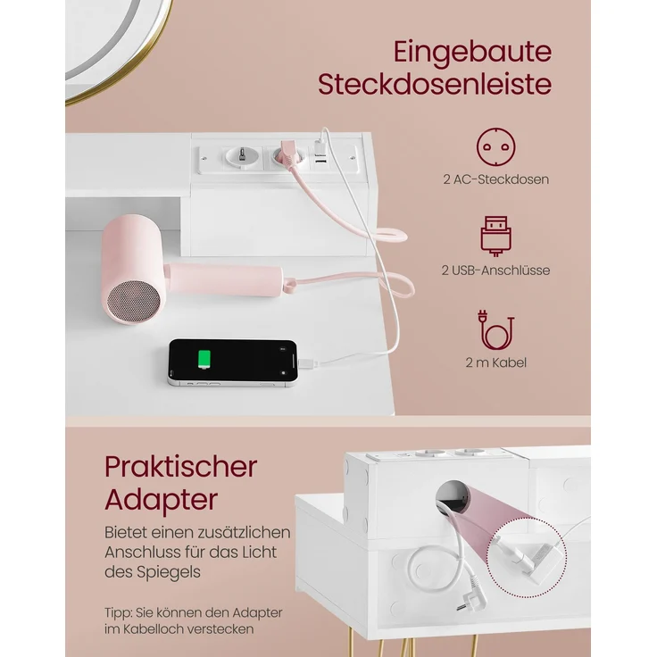 Vasagle Schminktisch, mit Hocker und Beleuchtung, Steckdosenleiste, Spiegel, mit Schubladen, gepolsterter Sitzhocker, Holz mattweiß-blassgold, 40 x 80 x 134,8 cm – Bild 2