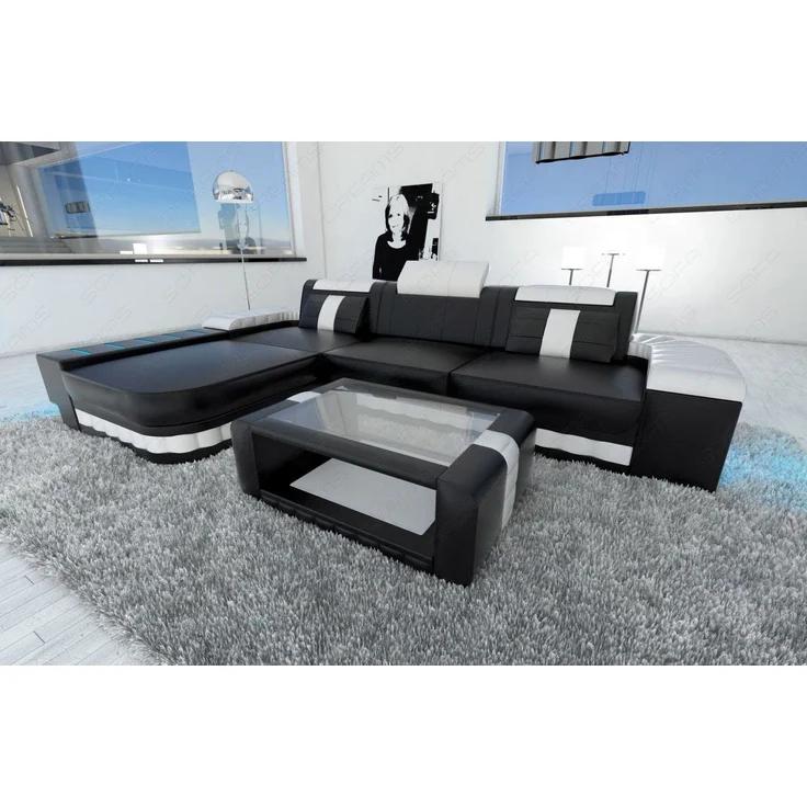 Ecksofa Bellagio L Form - Echtleder - schwarz-weiß - Links – Bild 5