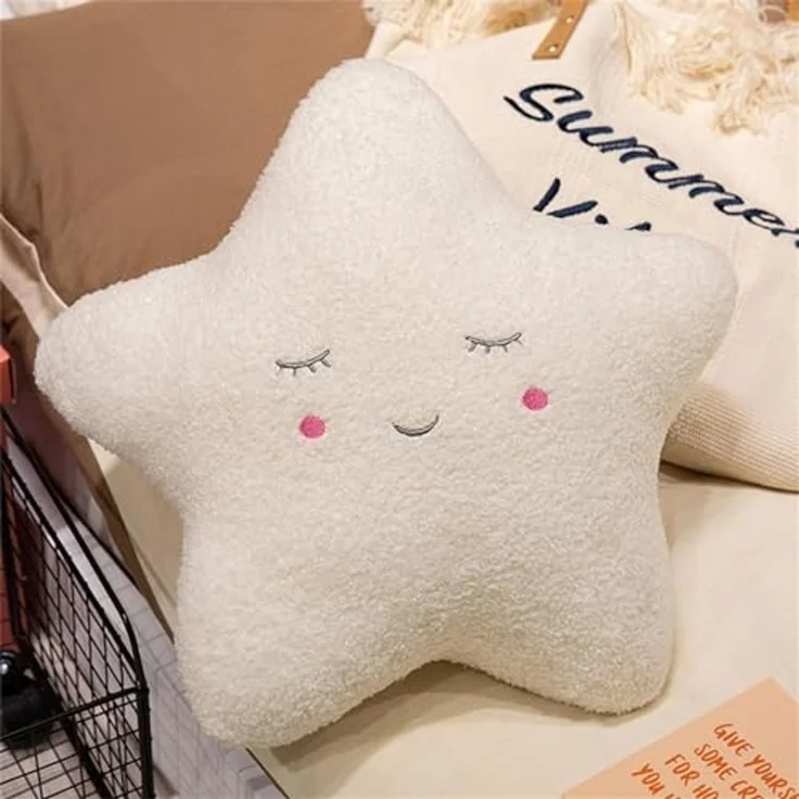 Kuschelkissen Kinder Sternkissen 40 cm Weiche Flauschige Sternform Zierkissen Sofakissen, Sternkissen Dekokissen für Kinderzimmer Mädchen Jungen (offene Augen,Weiß) – Bild 5