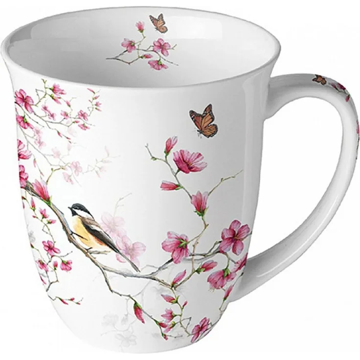 Ambiente Luxury Paper Products Tasse, Keramik, Tasse 10cm Porzellan mit Kirschblüten & Vogel Motiv Rosa / Weiß