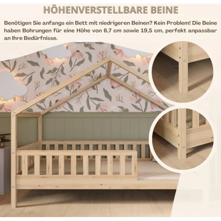 Crazy Pine 'Crazy House' Hausbett mit abnehmbaren Rausfallschutz, Naturholz, Natur, 90x190 cm, mit Ausziehbett – Bild 7