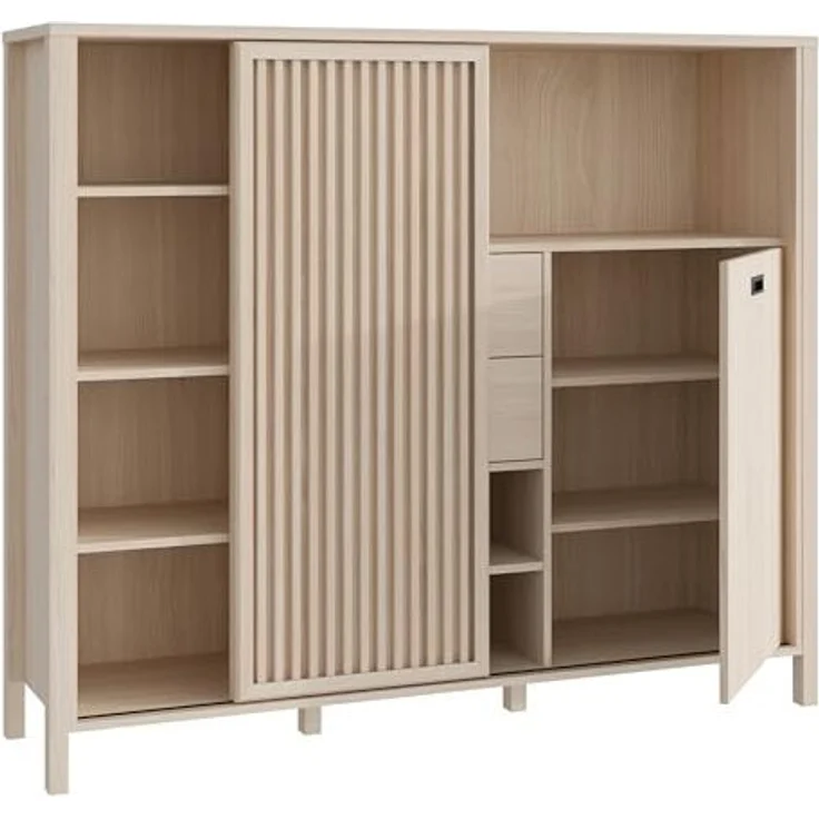 Forte JYTANA Schrank 150, skandinavischer Schrank mit 2 Schubladen und Schranktüren und 3 Regalfächern, Riva Eiche Holzdekor, 149,9 cm breit x 129,9 cm hoch x 40,2 cm tief – Bild 6
