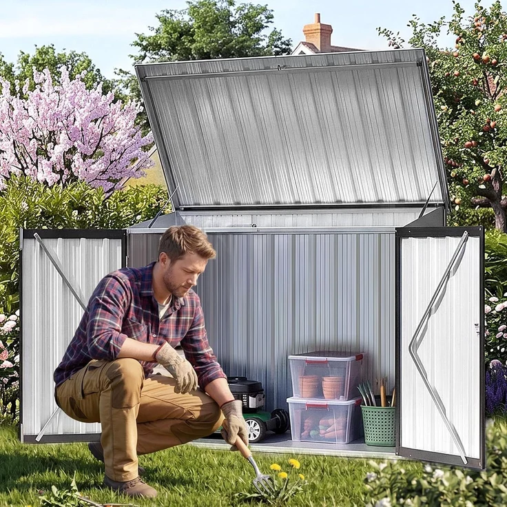 Aoxun Metallschuppen 122x63x94cm, öffnbare Vorder & Obertüren, Geräteschrank für Garten, Garage & Rasen, wetterbeständig, Schwarz – Bild 1