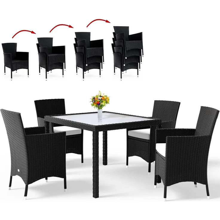 Poly Rattan Sitzgruppe 4 Gartenstühle Stapelbar 7cm Auflagen Tisch 90x90cm Sitzgarnitur
